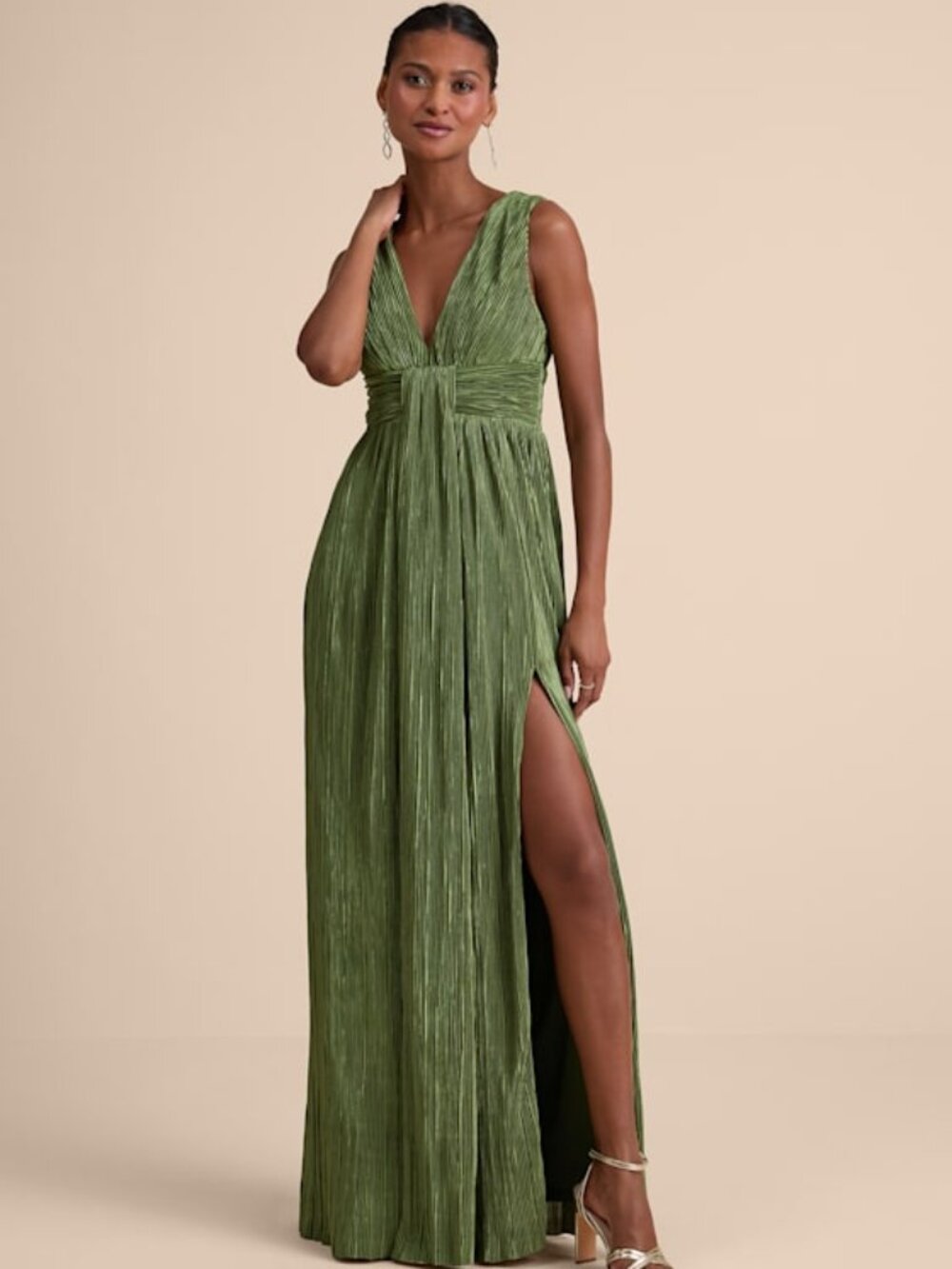 Lulus Melitta Olive Green Plisse Sash Maxi Dress - Size S